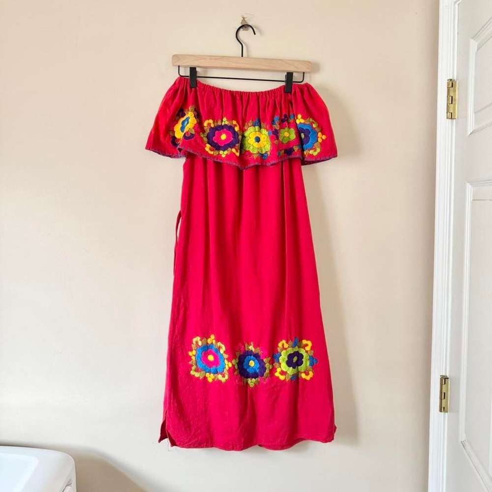 Vintage Mexican Red Embroidered Dress Oaxaca Flower Blue Yellow Short
